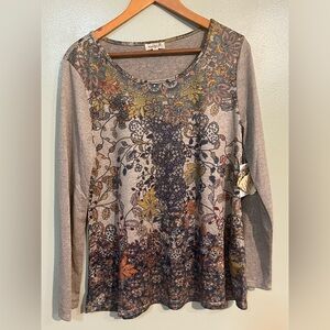 One World Floral Long Sleeve Top - Multicolor Fall Beige L NWT